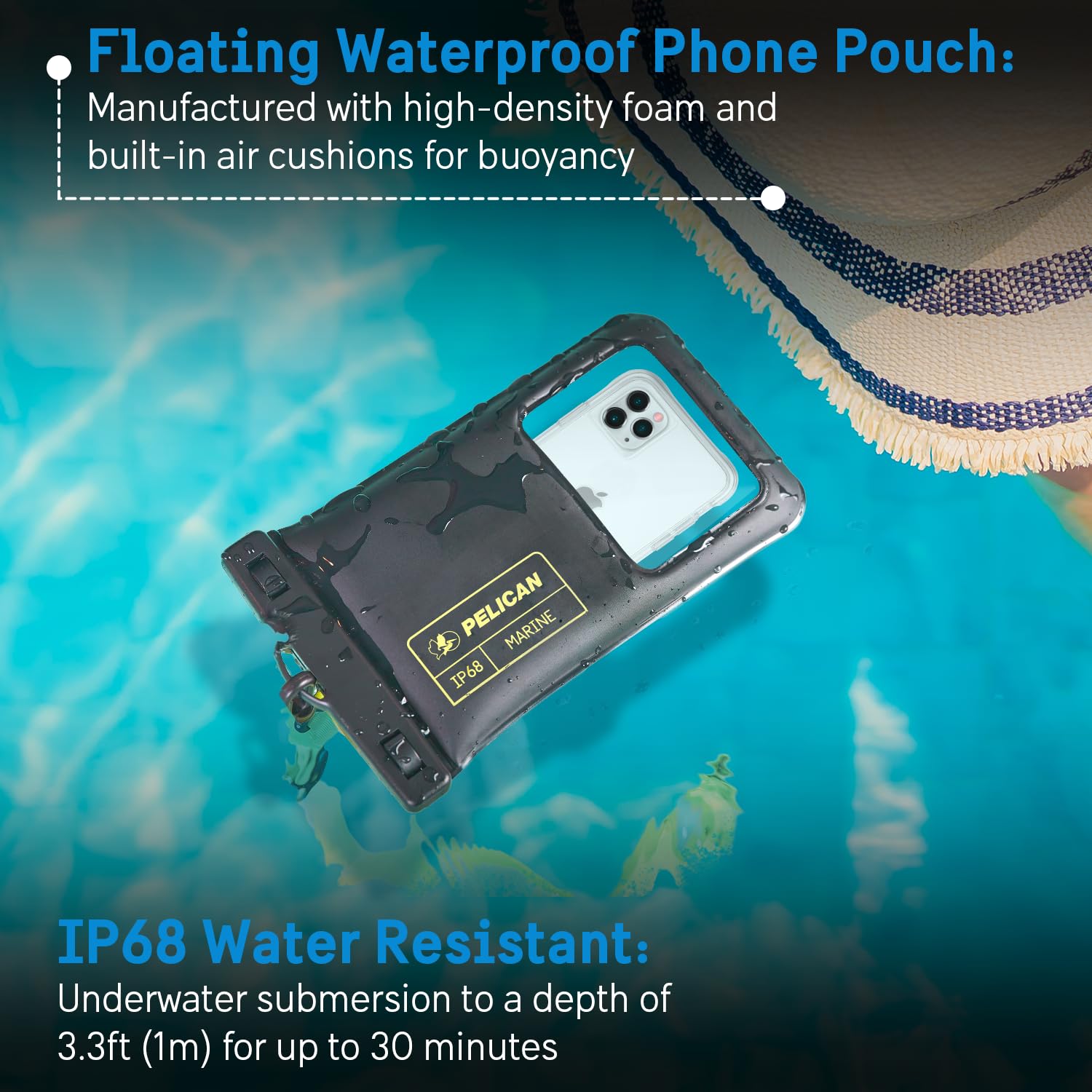 pelican marine ip68 waterproof phone pouch (xl size) floating waterproof mobile cover beach, swimming pool, travel accessories works with all phones detachable lanyard black/hi vis yellow